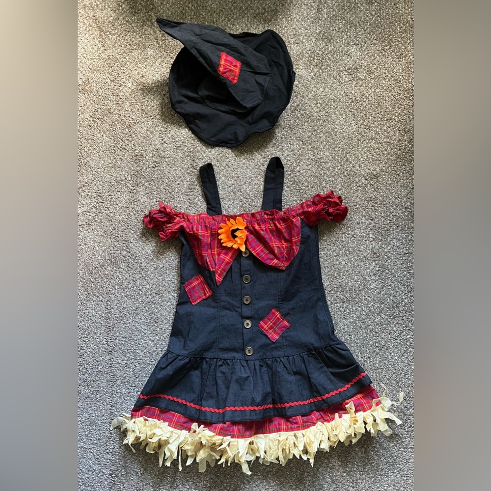 Spirit Halloween Scarecrow Sweetie Costume Set Hat & Dress Sexy Plaid & Denim